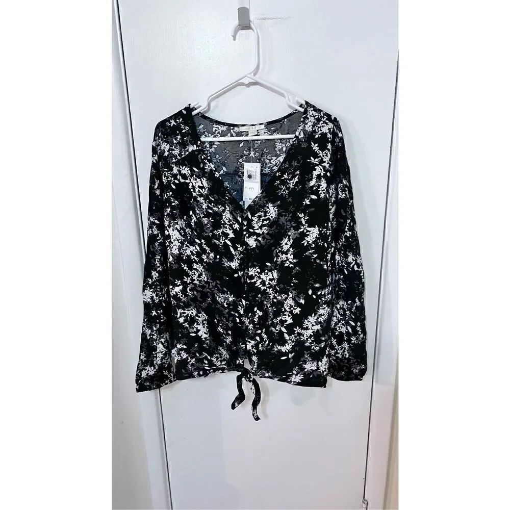 Cooper & Ella Black Floral Button Down Tie Top Size 1X New P1-229